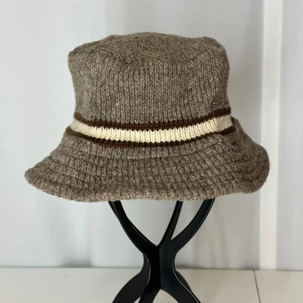 Vintage Wigwam Wool Knit Bucket Hat Brown Cream Stripe Made USA